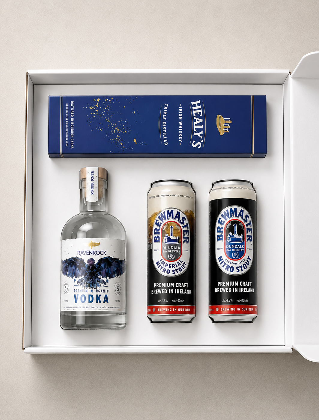 Irish Drinks Gift Box with Healy’s Whiskey, Ravenrock Vodka and Brewmaster Stout